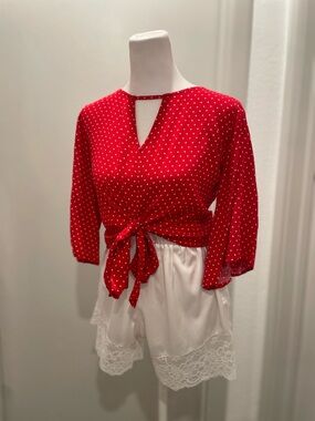 Mossimo Red & White Polka Dot Tie Front Cropped Half Sleeve Blouse Top - XS